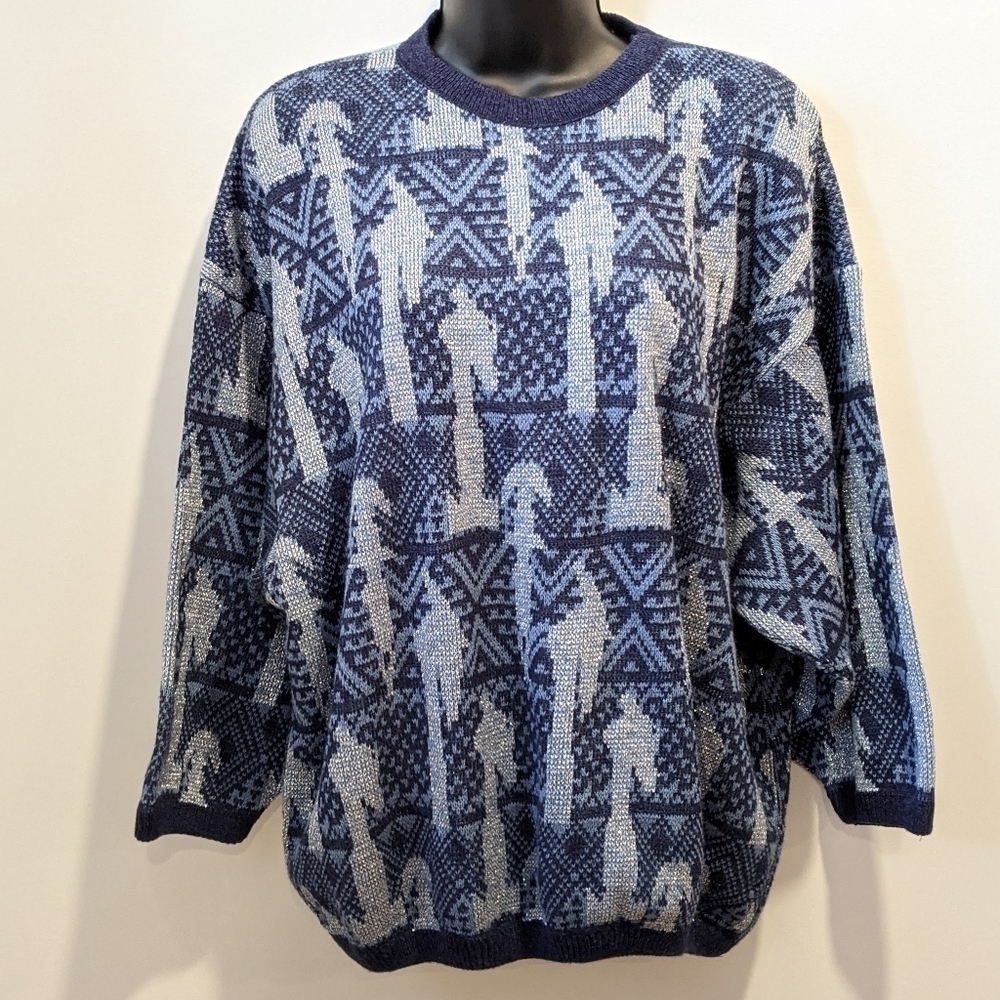 2/$20 𝅺Vintage Oversized Blue Knit  Geometric Pattern Sweater Small